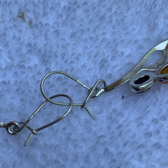 Amber Sterling Silver 925 Drop Earrings Jewelry With Multicolor Oval Cabochons - Picture 10 of 11